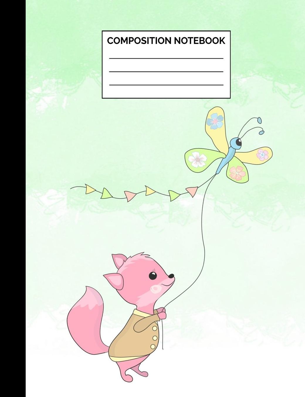 Composition Notebook: Cute Pink Fox Flying a Kite Wide Ruled Lined Note Book - Mint Green Exercise Book and Journal with Lines for Kids, Teens, Students or Teachers to Write In at School, Work, Home, Office - 100 Lined Pages / 50 Sheets - Size 7.44 x 9.69