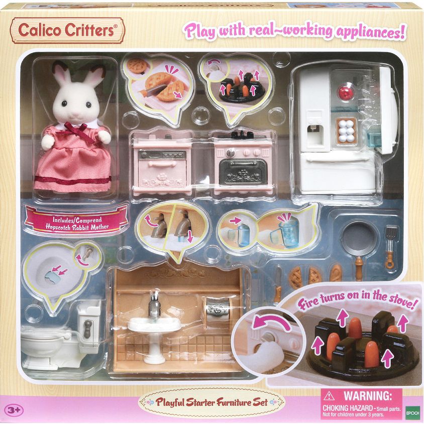 Calico Critters Playful Starter Furniture Set, Dollhouse Furniture Set with Figure and "Working" Appliances