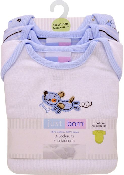 Triboro Just Born Bodysuits 3 Pack Newborn, Puppy Fun Boy