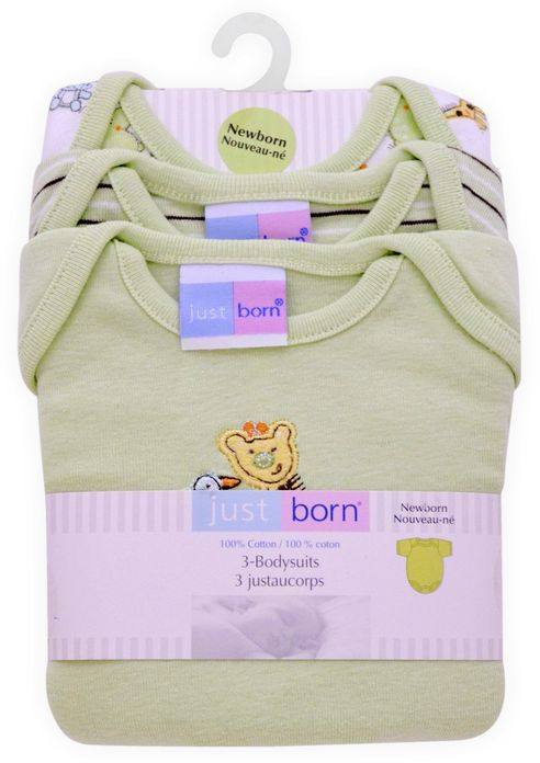 Triboro Just Born Bodysuits 3 Pack Newborn, Jungle Friends Neutral
