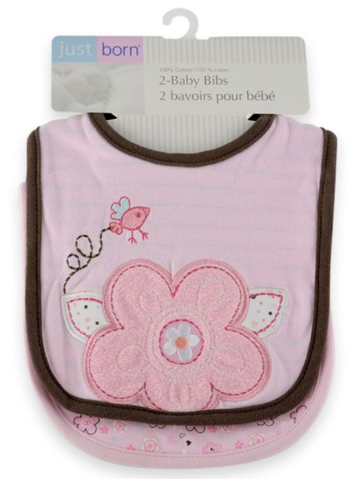 Triboro Just Born Bib, 2 Pack Hearts & Flowers Girl