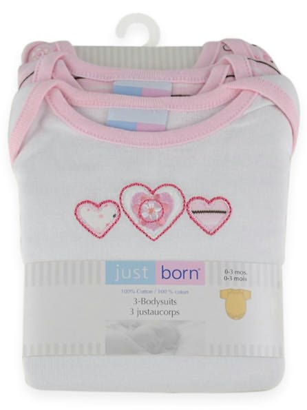 Triboro Just Born Bodysuits 3 Pack, Hearts & Flowers Girl (3 Months)