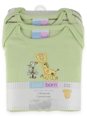 Triboro Just Born Bodysuits 3 Pack, Jungle Friends Neutral (3 Months)