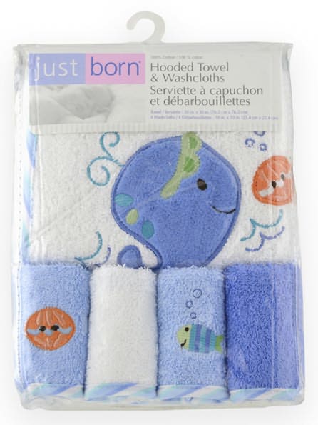 Triboro Just Born 5 Piece Woven Terry Starter Set, Hooded Towel & 4 Washcloths, Boy