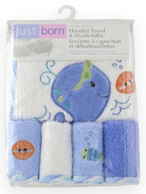 Triboro Just Born 5 Piece Woven Terry Starter Set, Hooded Towel & 4 Washcloths, Boy