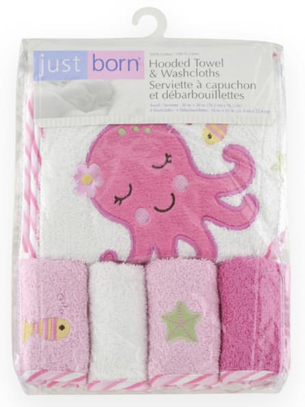 Triboro Just Born 5 Piece Woven Terry Starter Set, Hooded Towel & 4 Washcloths, Girl