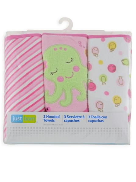 Triboro Just Born 3 Pack Hooded Towel Knit Terry, Pink Sea Girl
