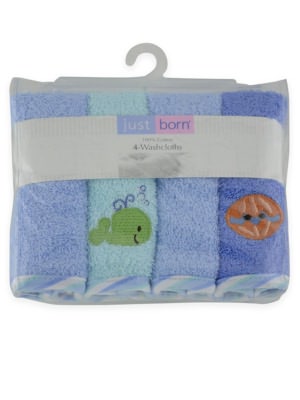 Triboro Just Born 4 Pack Washcloths Woven Terry, Blue Sea Boy