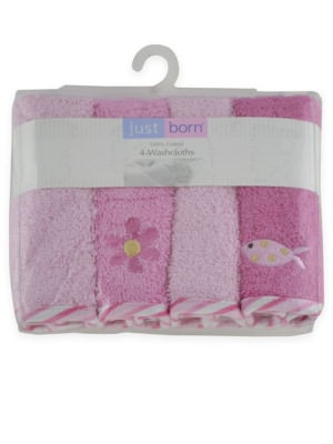 Triboro Just Born 4 Pack Washcloths Woven Terry, Pink Sea Girl