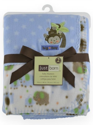 Triboro Just Born Fleece Blanket, 2 Pack Boy Print & Embroidered Monkey