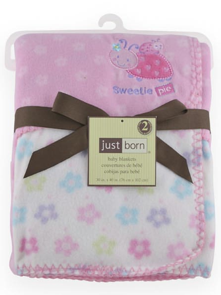 Triboro Just Born Fleece Blanket, 2 Pack Girl Print & Embroidered Ladybug