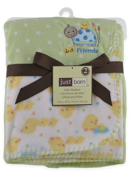 Triboro Just Born Fleece Blanket, 2 Pack Neutral Print & Embroidered Turtle