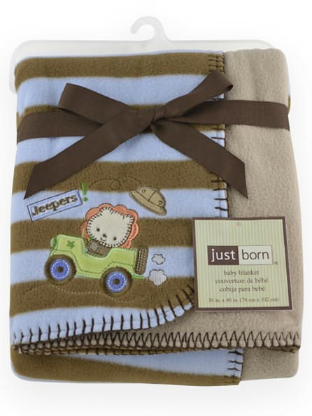Triboro Just Born 2 Ply Reversible Blanket, Blue & Brown Stripe Lion Reversing
