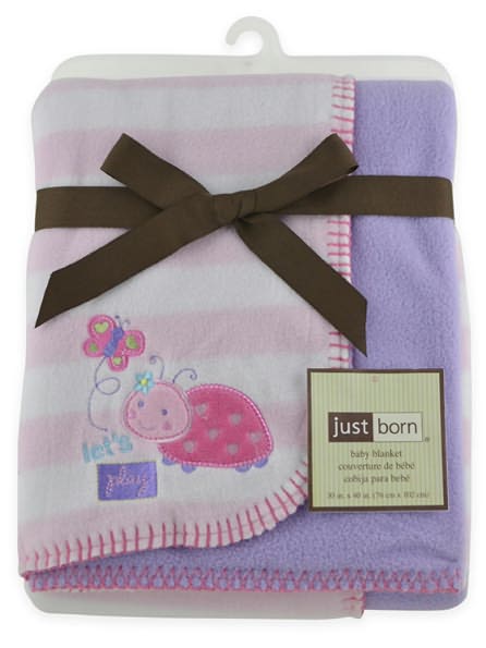 Triboro Just Born 2 Ply Reversible Blanket, Pink & White Stripe Ladybug Reversing