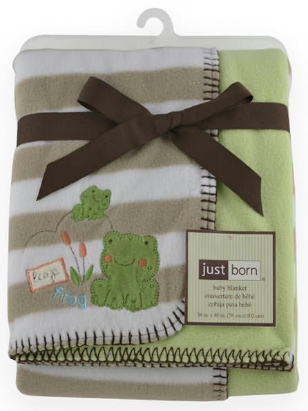 Triboro Just Born 2 Ply Reversible Blanket, Tan & White Stripe Frog Reversing