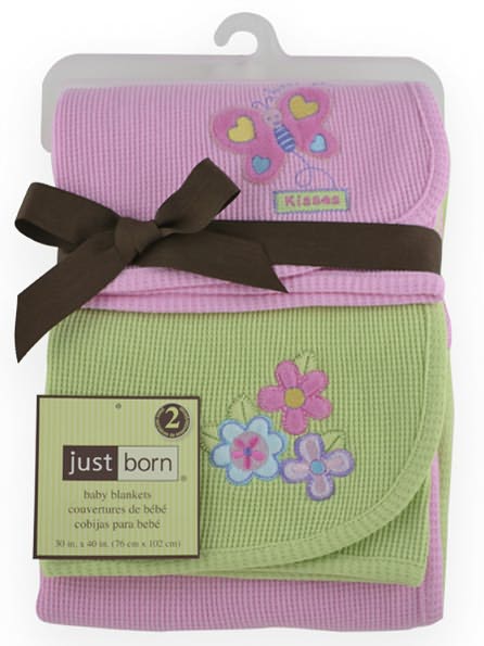 Triboro Just BornThermal Blanket, 2 Pack Pink Butterfly & Sage Flower Applique