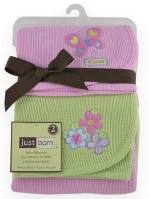 Triboro Just BornThermal Blanket, 2 Pack Pink Butterfly & Sage Flower Applique