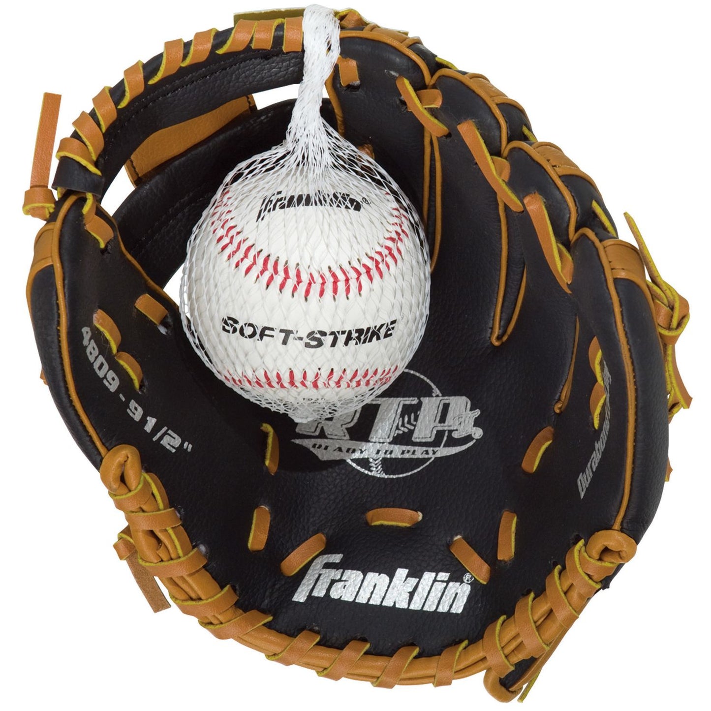 Franklin Sports 9.5" Black/Tan PVC Left Handed Thrower Baseball Glove with Ball