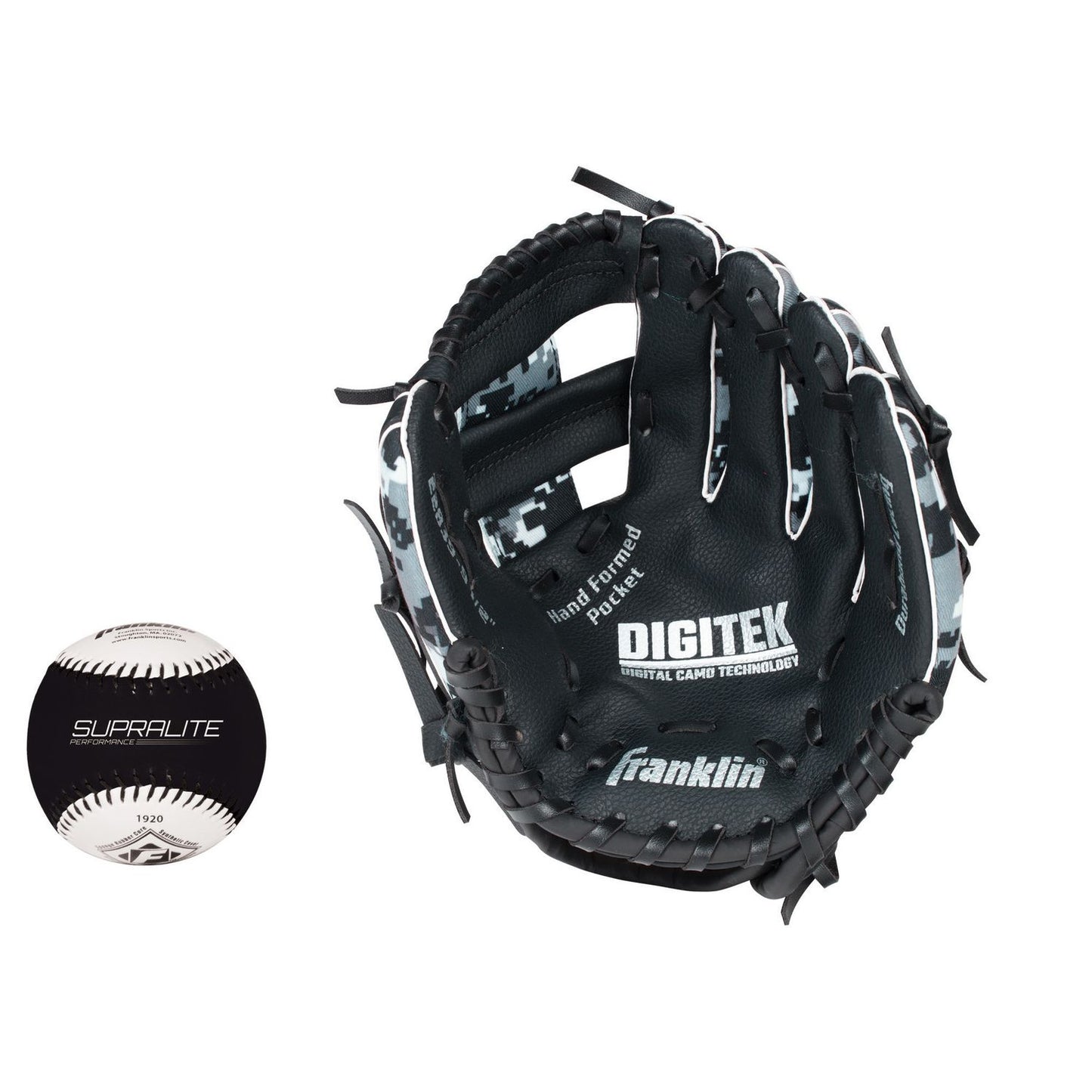 Franklin Sports 9.5" RTP Teeball Performance Glove and Ball Combo Black/White-Left Handed Thrower