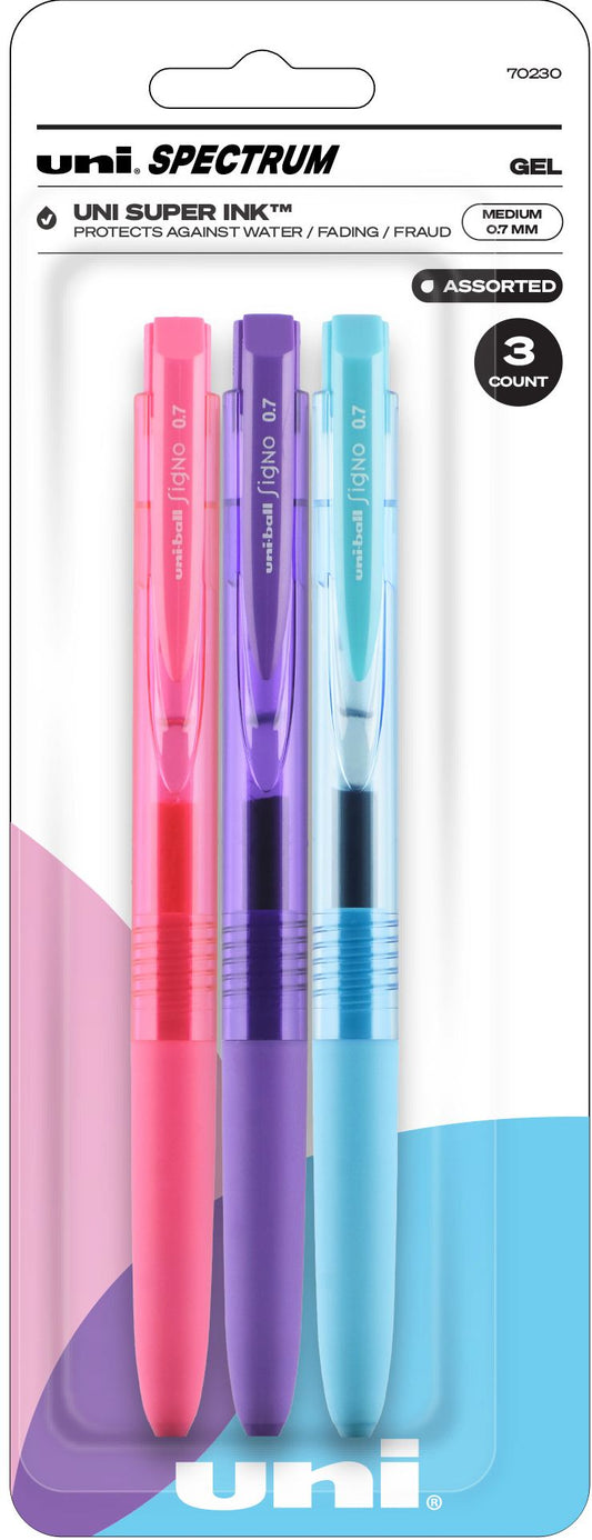 uniball Spectrum Retractable Gel Pens, Medium Point (0.7mm), Assorted Ink, 3 Pac