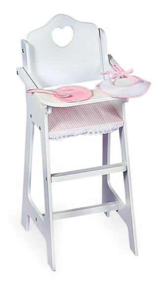 White Doll High Chair, Pink Gingham, Plate/Bib/Spoon