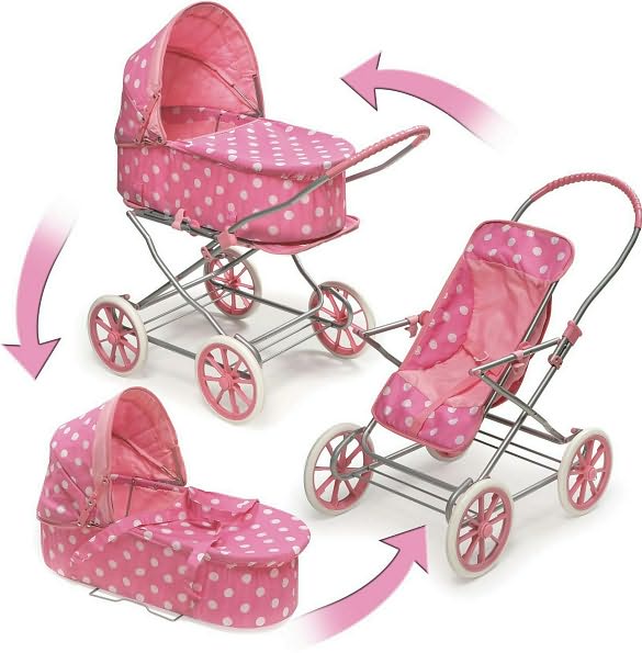 Pink w/White Polka Dots 3-in-1 Doll Pram/Carrier/Stroller