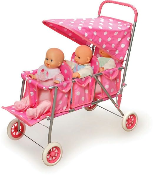 Triple Doll Stroller - Pink with Polka Dots