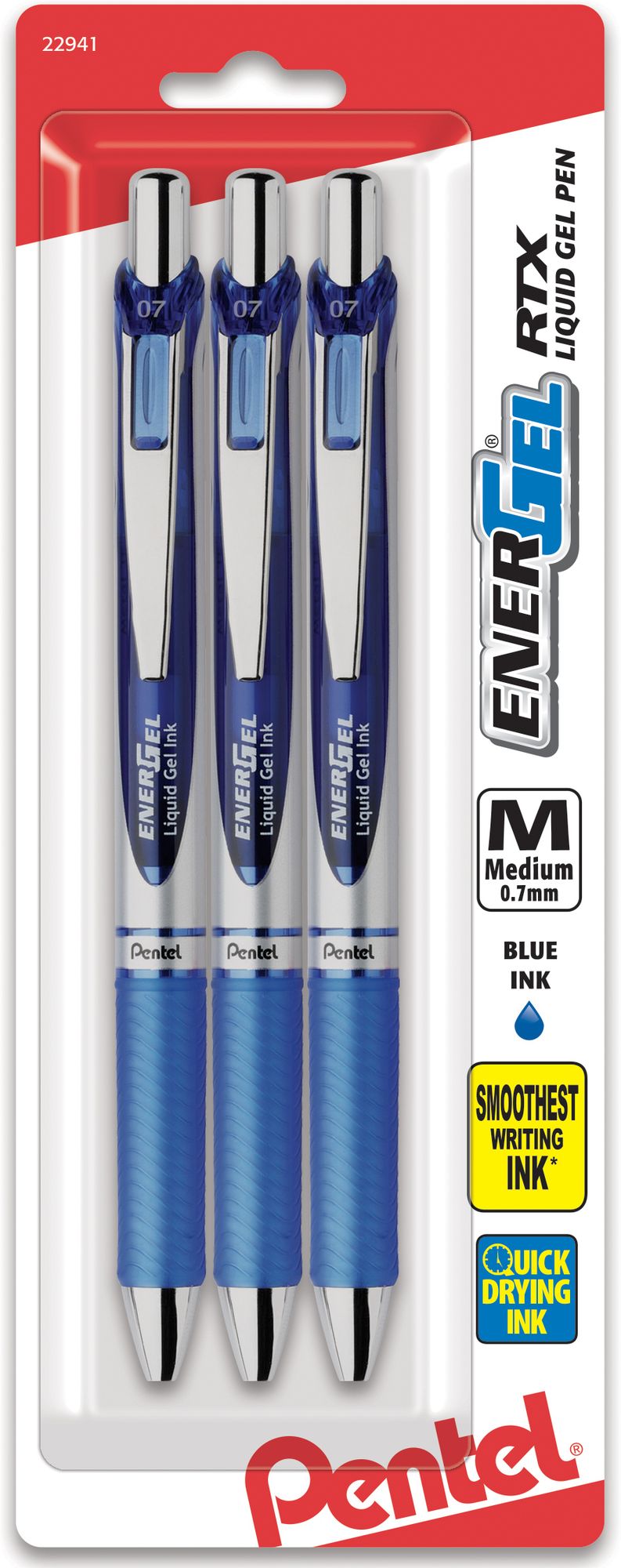 EnerGel RTX Retractable Liquid Gel Pen, (0.7mm) Metal Tip, Medium Line, Blue Ink 3-Pk