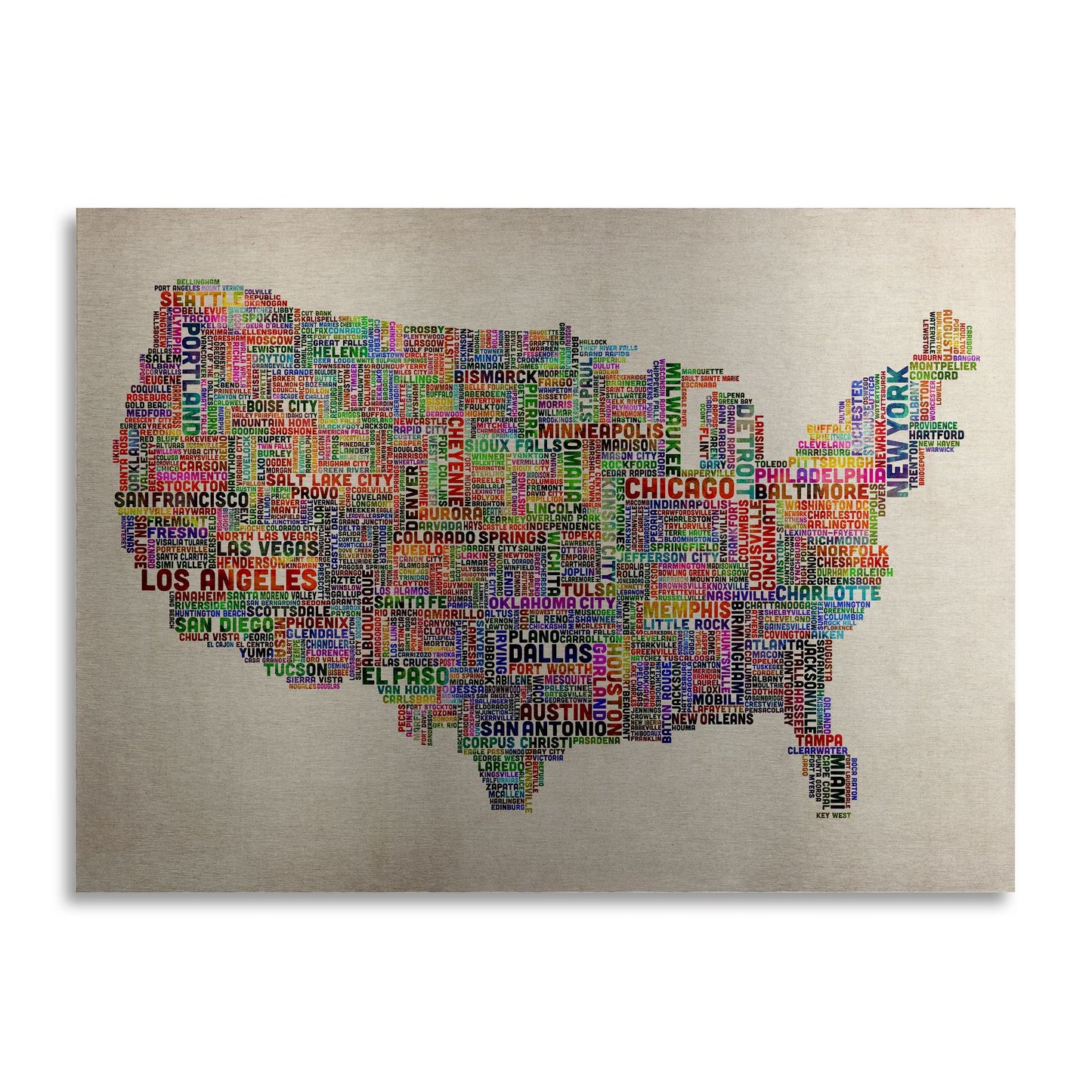 Michael Tompsett 'US Cities Text Map VI' Floating Brushed Aluminum Art