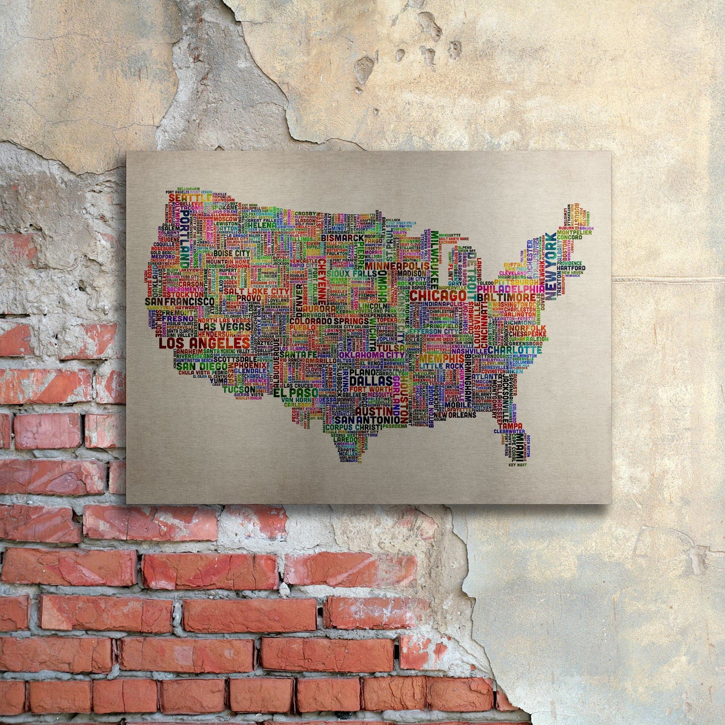 Michael Tompsett 'US Cities Text Map VI' Floating Brushed Aluminum Art