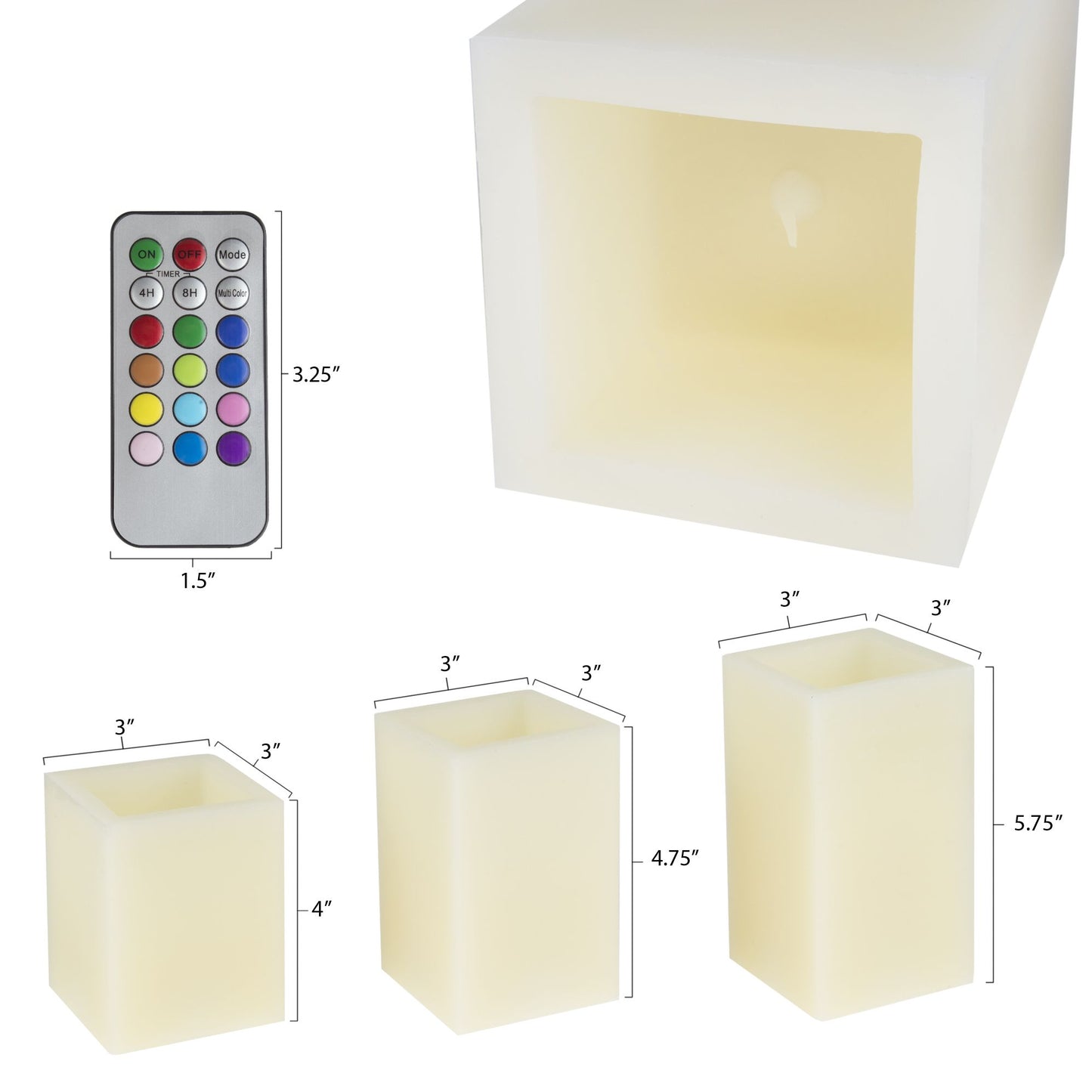 Lavish Home 3 Piece Square Color Changing Flameless Candle with Remote