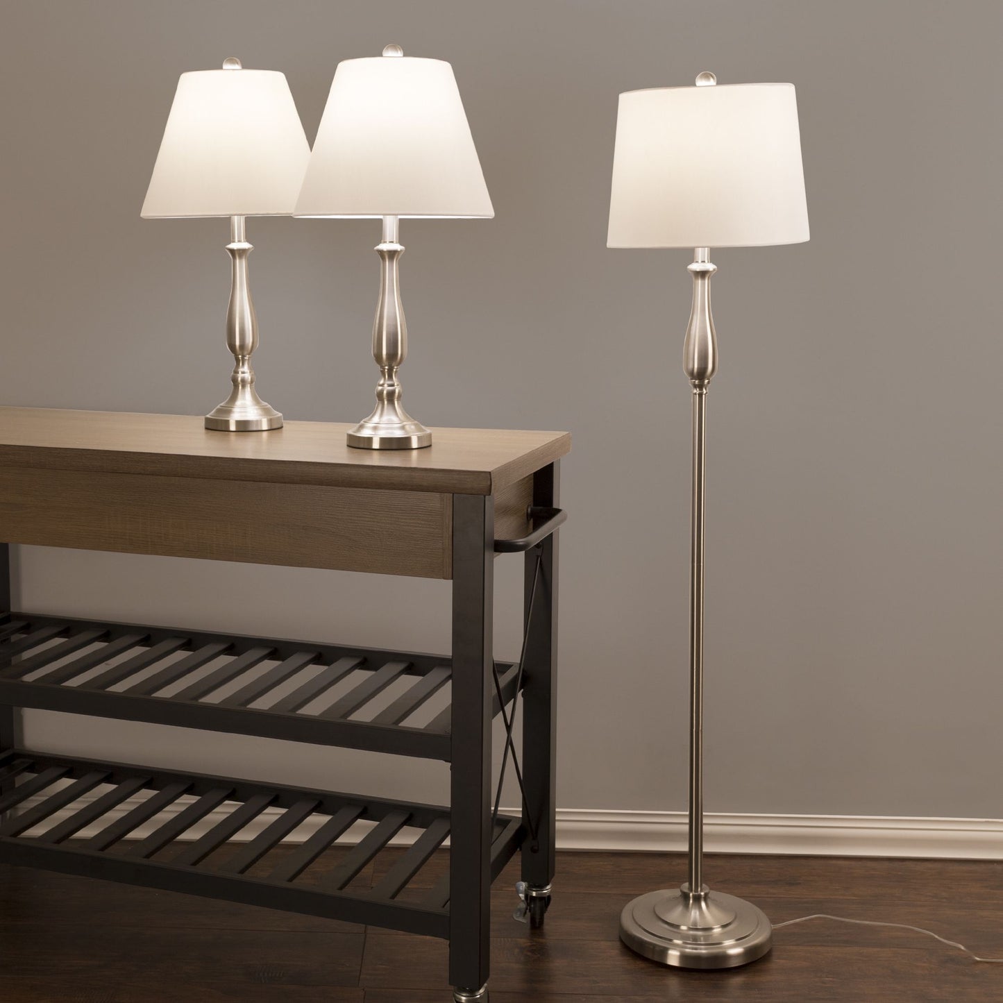 Table Lamps and Floor Lamp Set of 3, Traditional Brushed Steel (3 LED Bulbs included) by Lavish Home