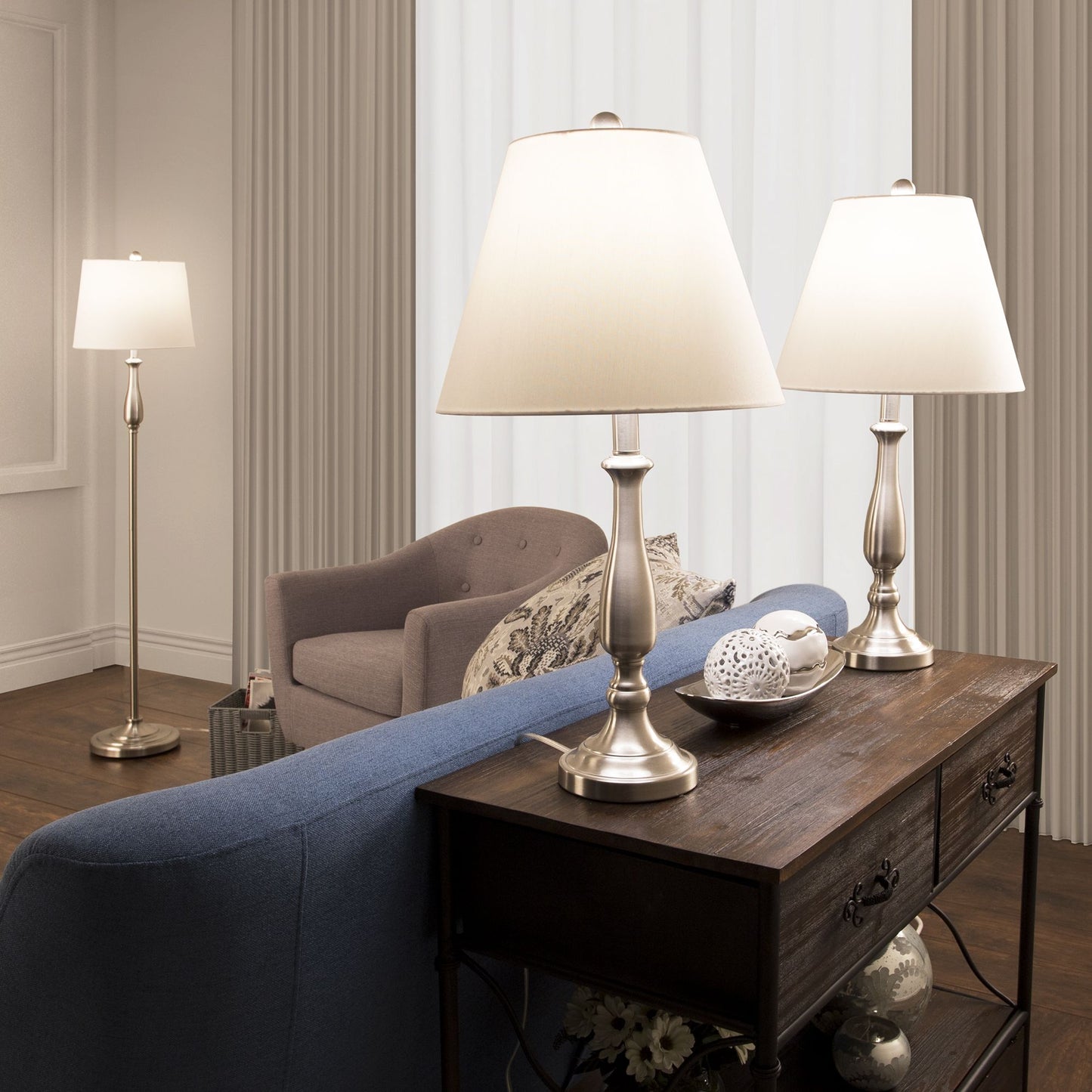 Table Lamps and Floor Lamp Set of 3, Traditional Brushed Steel (3 LED Bulbs included) by Lavish Home