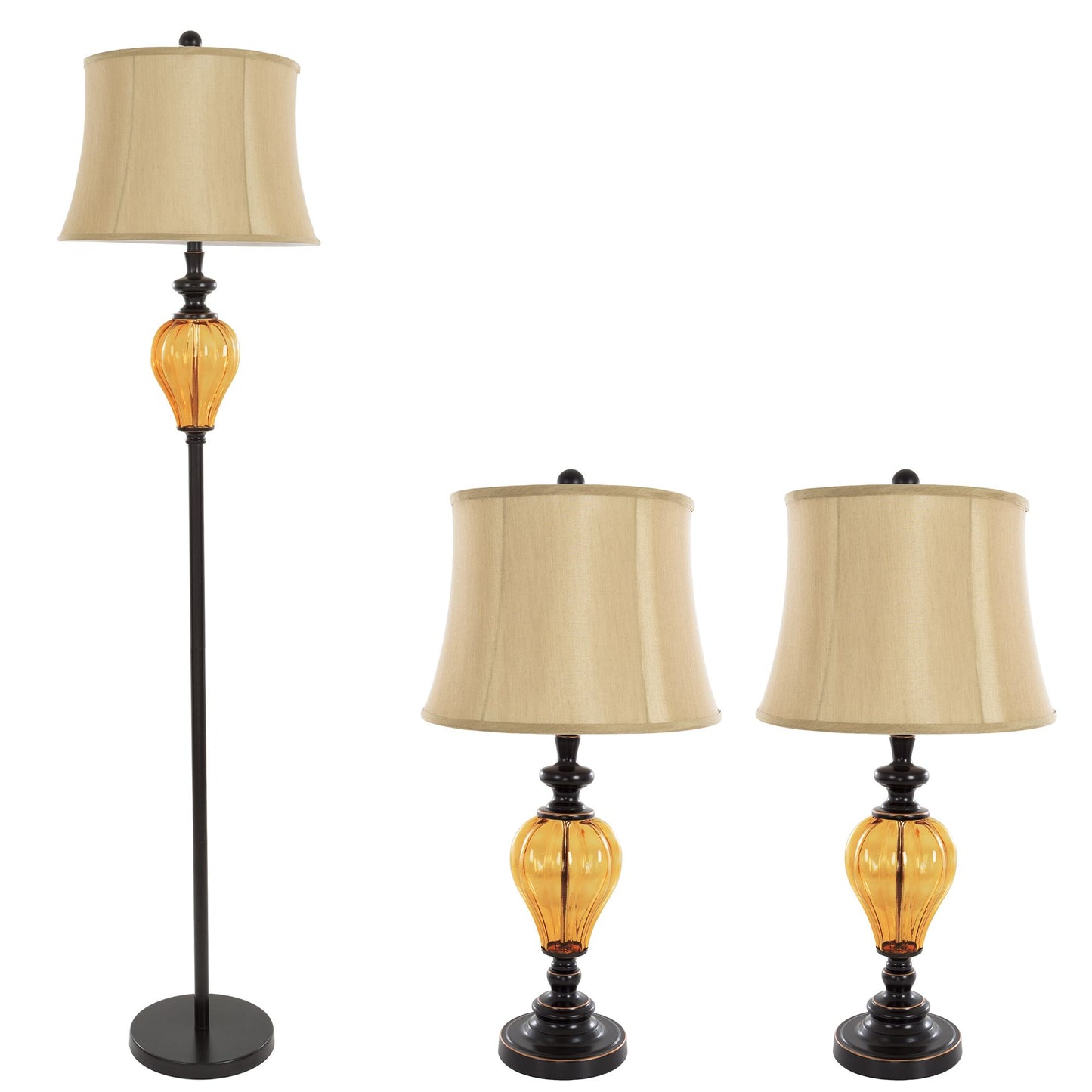 Table Lamps and Floor Lamp Set of 3, Amber Glass (3 LED Bulbs included) by Lavish Home