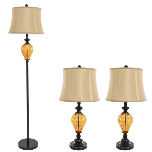 Table Lamps and Floor Lamp Set of 3, Amber Glass (3 LED Bulbs included) by Lavish Home