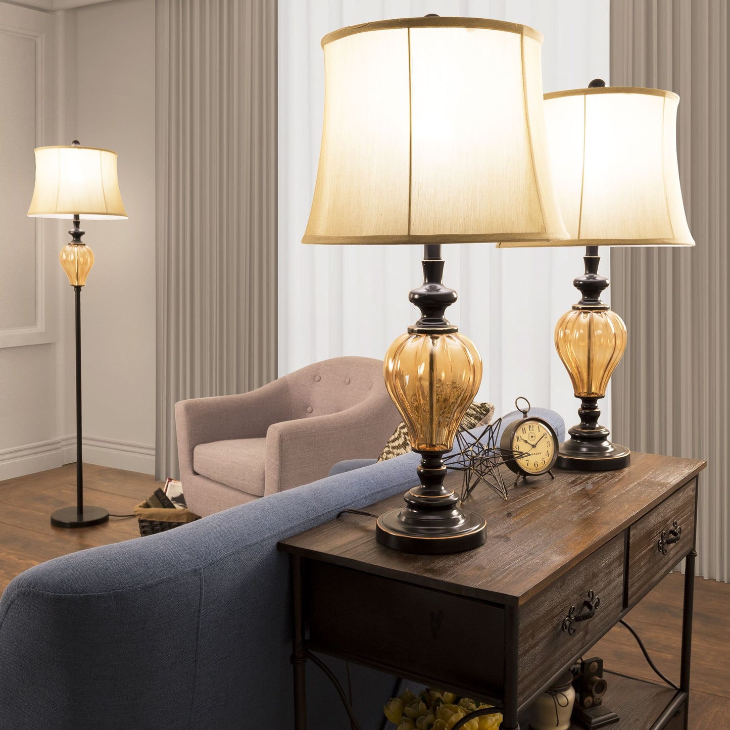 Table Lamps and Floor Lamp Set of 3, Amber Glass (3 LED Bulbs included) by Lavish Home