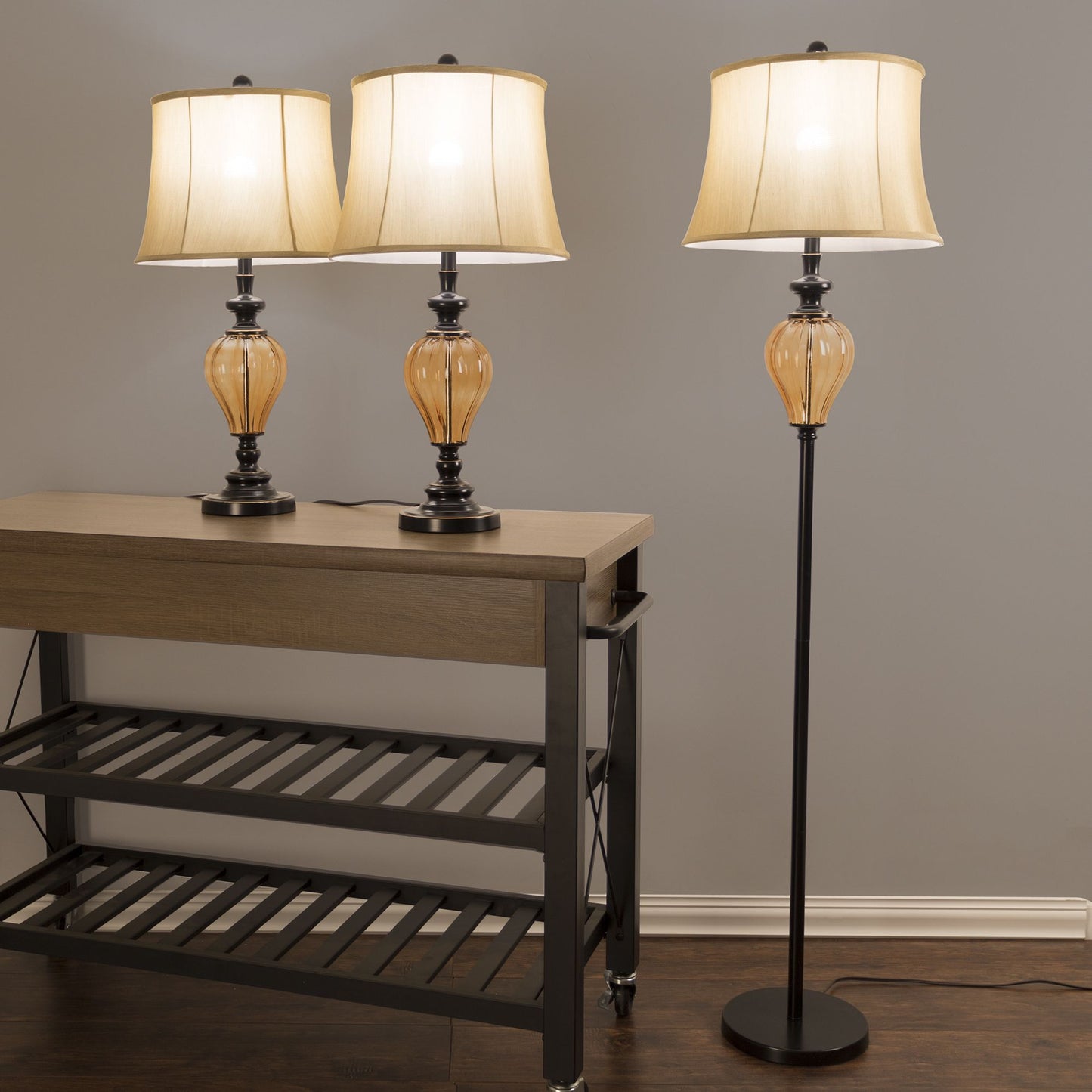 Table Lamps and Floor Lamp Set of 3, Amber Glass (3 LED Bulbs included) by Lavish Home