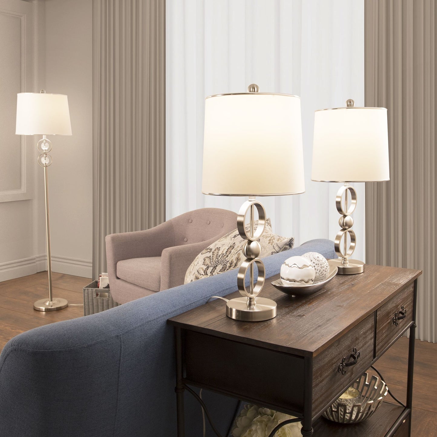 Table Lamps and Floor Lamp Set of 3, Modern Brushed Steel (3 LED Bulbs included) by Lavish Home