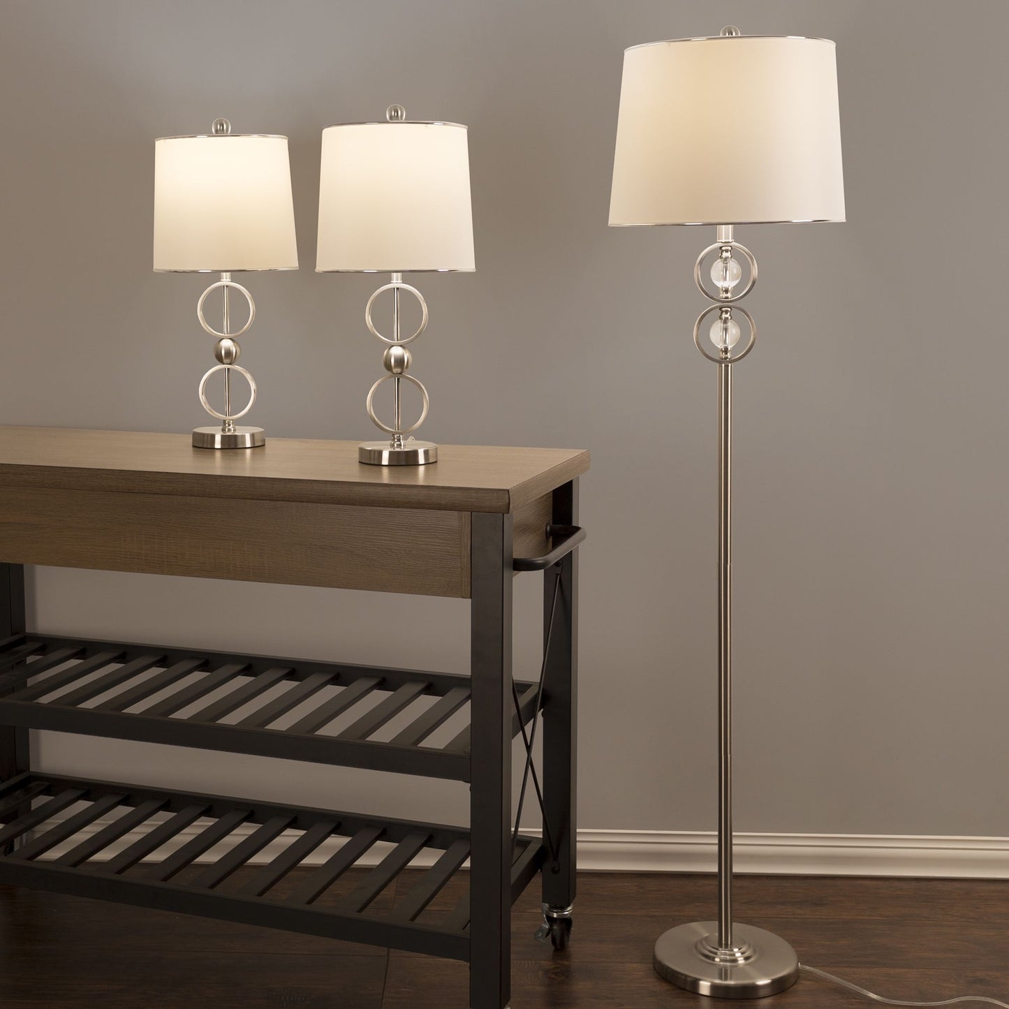 Table Lamps and Floor Lamp Set of 3, Modern Brushed Steel (3 LED Bulbs included) by Lavish Home