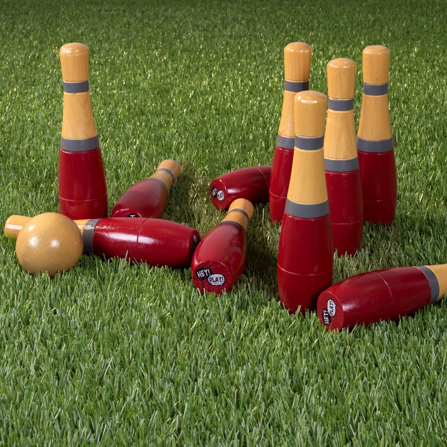 Lawn Bowling, 8 inch Tall Wooden Lawn Game, Indoor amp; Outdoor Toy, Adults amp; Kids, Red and Gray, by Hey! Play!