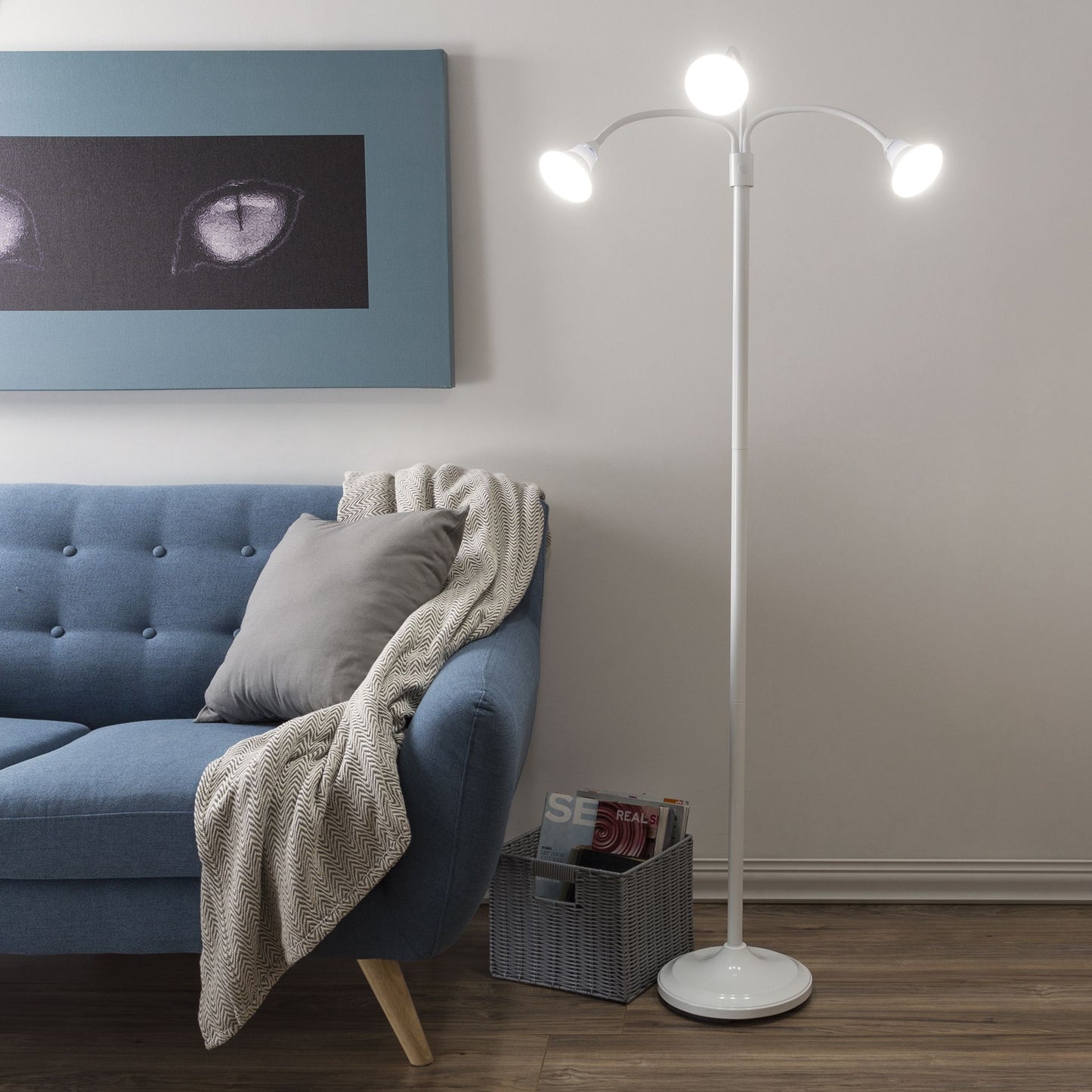 3 Head Floor Lamp, LED Light with Adjustable Arms, Touch Switch and Dimmer (White) by Lavish Home