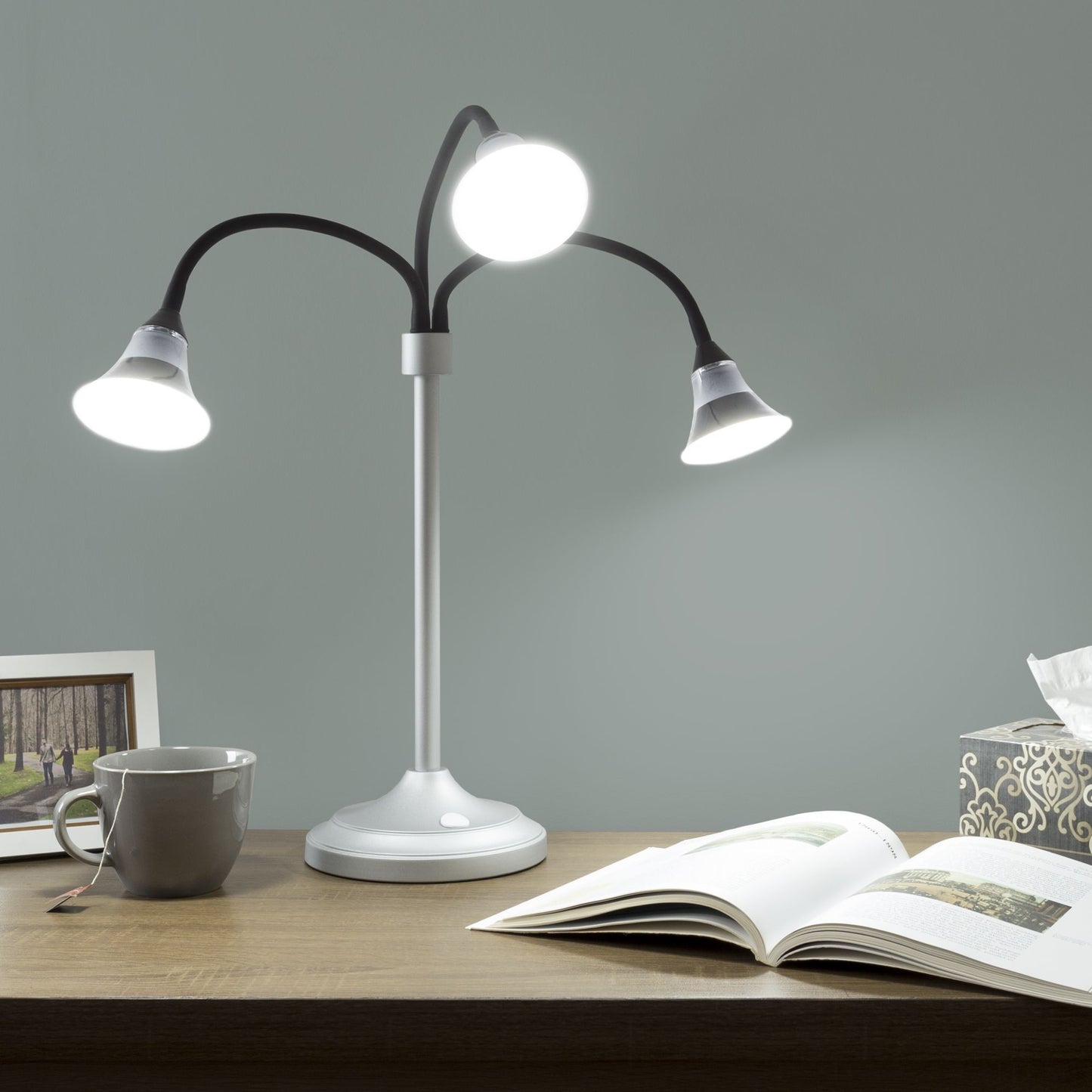 3 Head Desk Lamp, LED Light with Adjustable Arms, Touch Switch and Dimmer (Silver) by Lavish Home