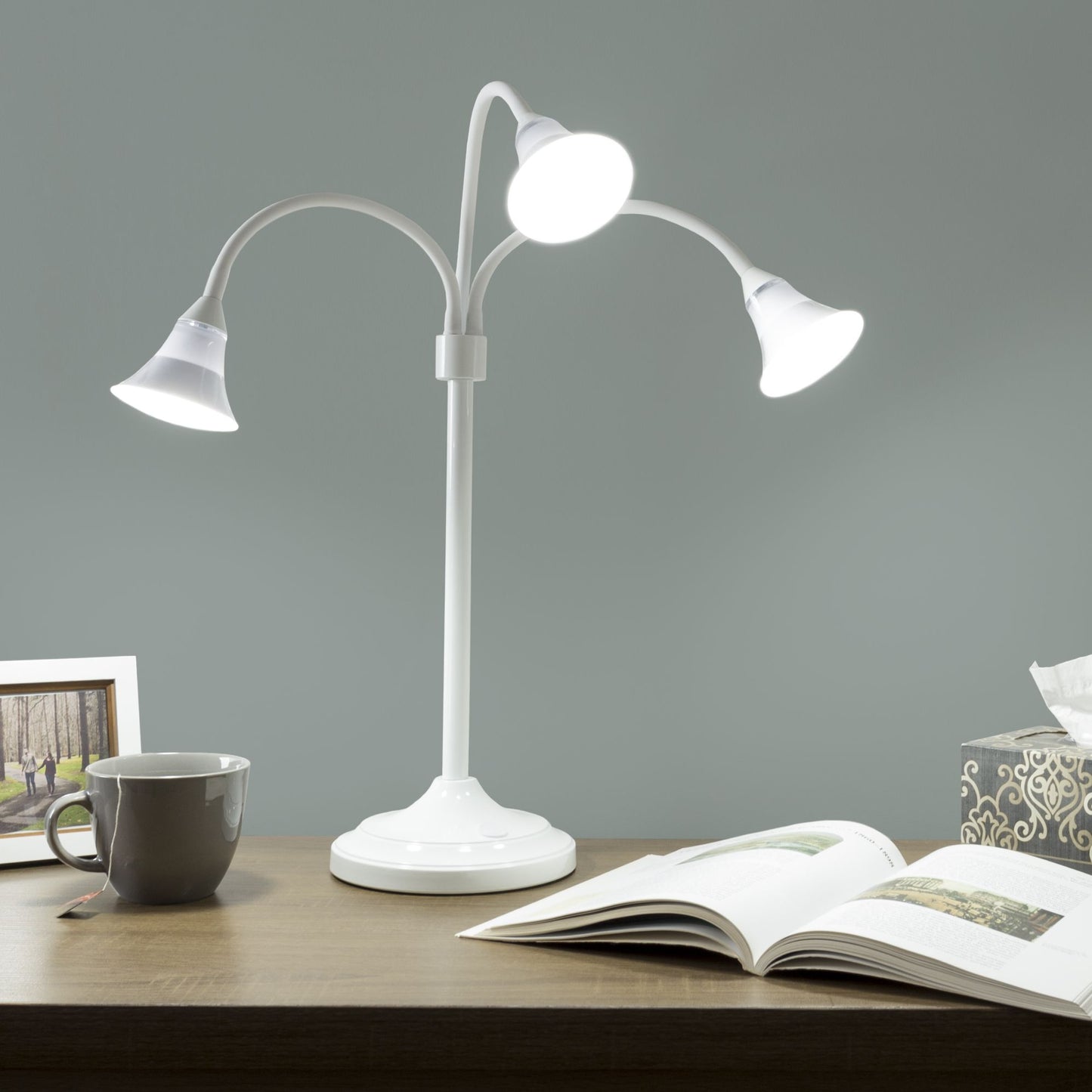 3 Head Desk Lamp, LED Light with Adjustable Arms, Touch Switch and Dimmer (White) by Lavish Home