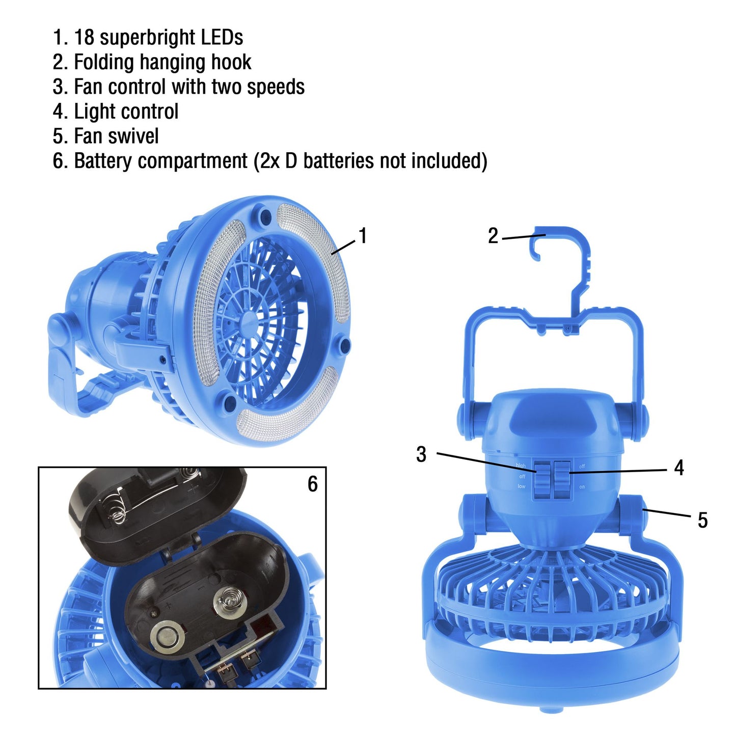 2 In 1 Portable Camping Lantern with Ceiling Fan Weather Resistant 18 LED Light by Wakeman Outdoors For Tents, Hiking, Power Outages and More