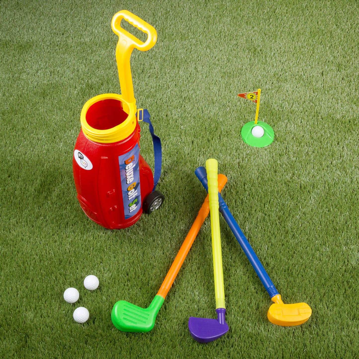 Toddler Toy Golf Play Set with Plastic Bag, 2 Clubs, 1 Putter, 4 Balls, Putting Cup Indoor or Outdoor Use for Toddlers Boys and Girls by Hey! Play!