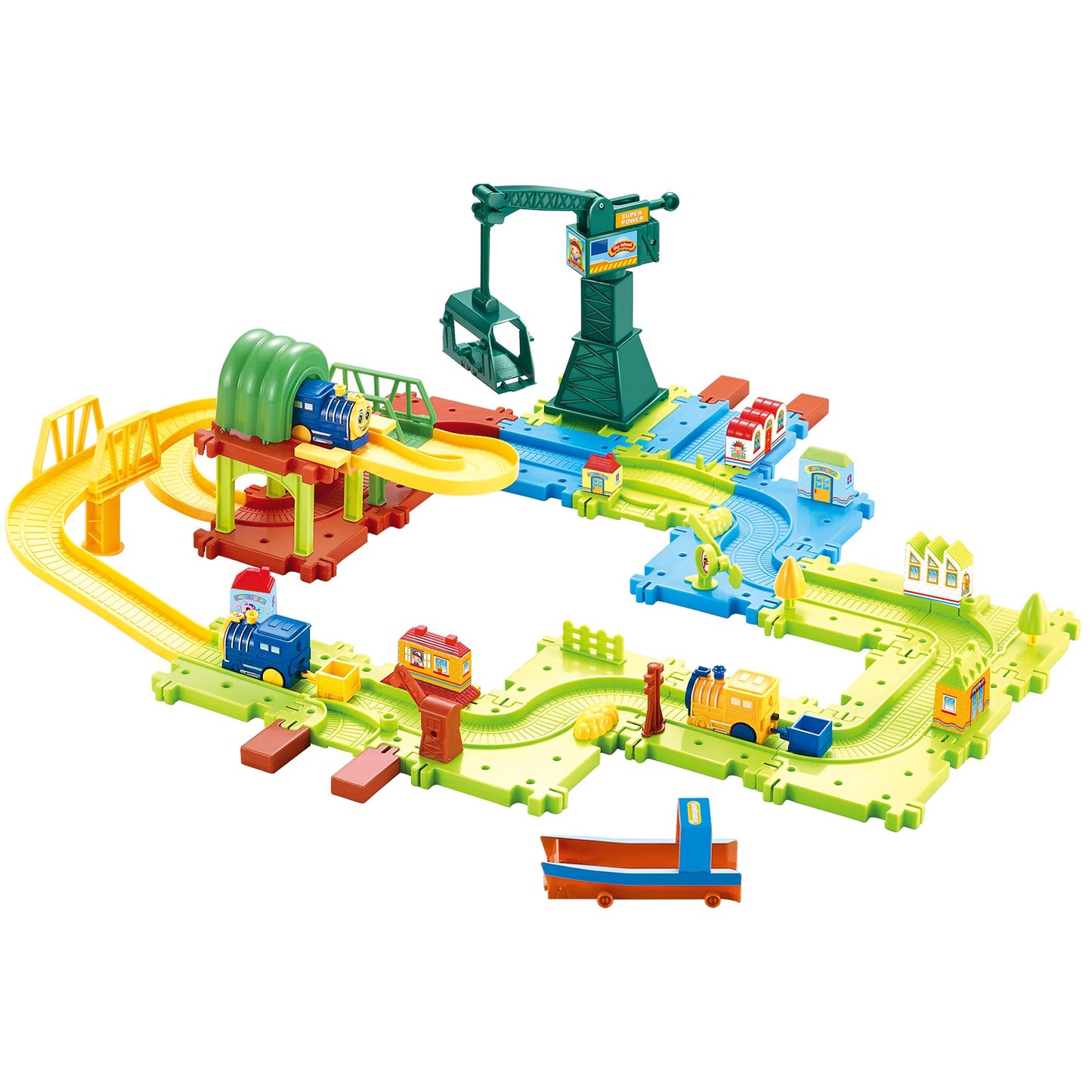 Toy Train for Toddlers - 58 Piece Plastic Deluxe Train Set with Adjustable Tracks and Battery-Operated Trains for Boys and Girls by Hey! Play!
