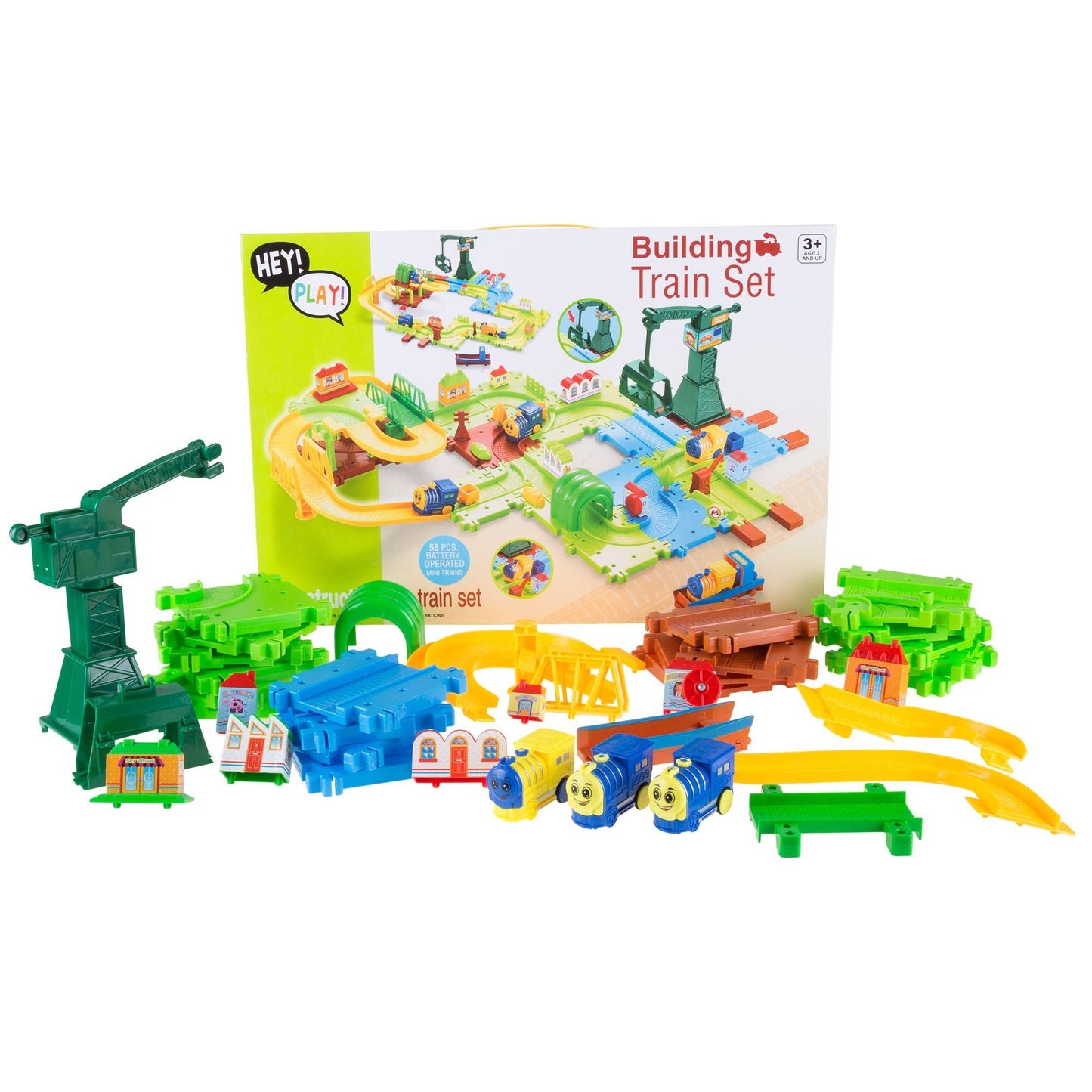Toy Train for Toddlers - 58 Piece Plastic Deluxe Train Set with Adjustable Tracks and Battery-Operated Trains for Boys and Girls by Hey! Play!