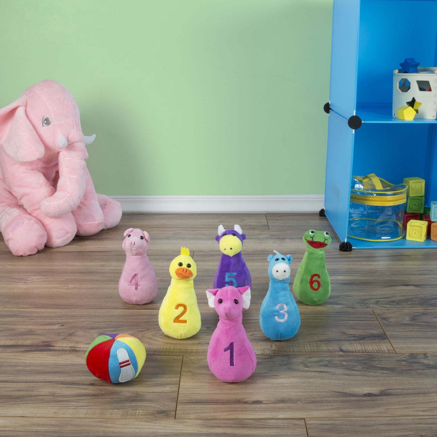 Kids Bowling Set with Six Numbered Plush Animal Pins and Plush Ball with Carrying Case Developmental Toy for Toddlers Boys and Girls by Hey! Play!