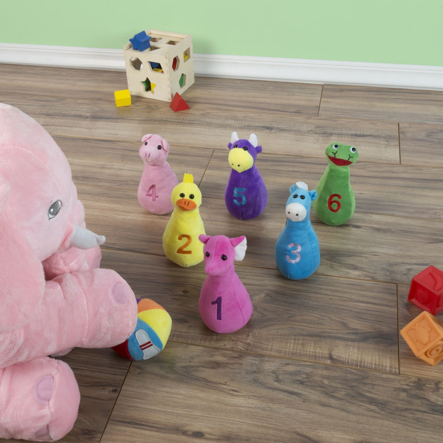 Kids Bowling Set with Six Numbered Plush Animal Pins and Plush Ball with Carrying Case Developmental Toy for Toddlers Boys and Girls by Hey! Play!