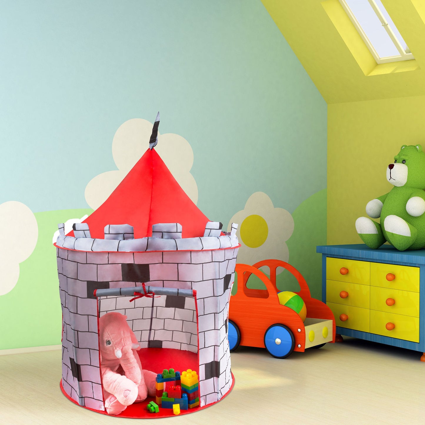 Kids Play Tent, Knight Castle- Pop Up Boys Playhouse Hut for Indoor/Outdoor, Red and Gray Playroom Toy- Foldable with Carrying Bag by Hey! Play!